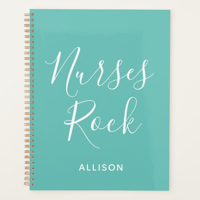 Nurses Medical Teal White Script Personalised Planner (Front)