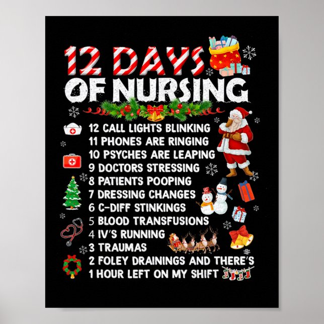 Nurses Merry Christmas Fun 12 Days Of Nursing Xmas Poster (Front)