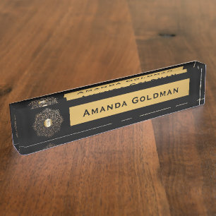 Nurses RN LPN Nursing Monogram Black Gold Caduceus Nameplate