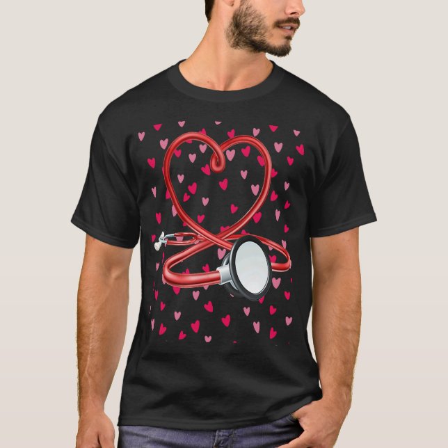 Nurses Valentines Day Hearts Stethoscope and Heart T-Shirt (Front)