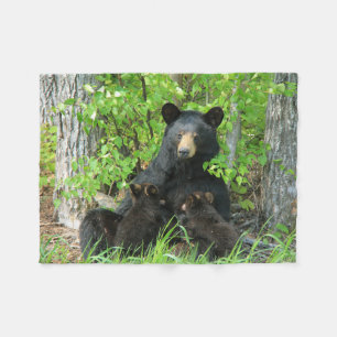 Nursing Black Bear and Twin Cubs Fleece Blanket