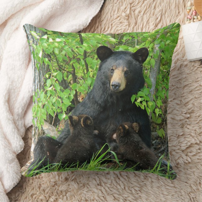 Nursing Black Bear and Twin Cubs Outdoor Cushion (Blanket)