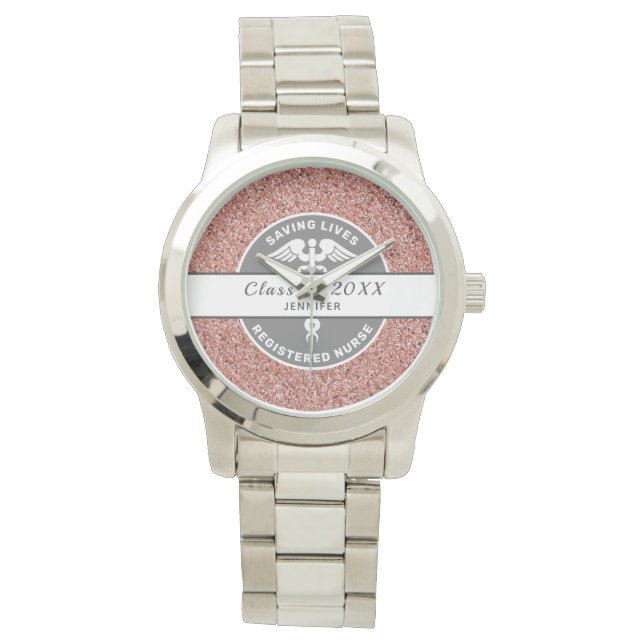 Nursing Graduation RN Pink Glitter Custom Monogram Watch (Front)