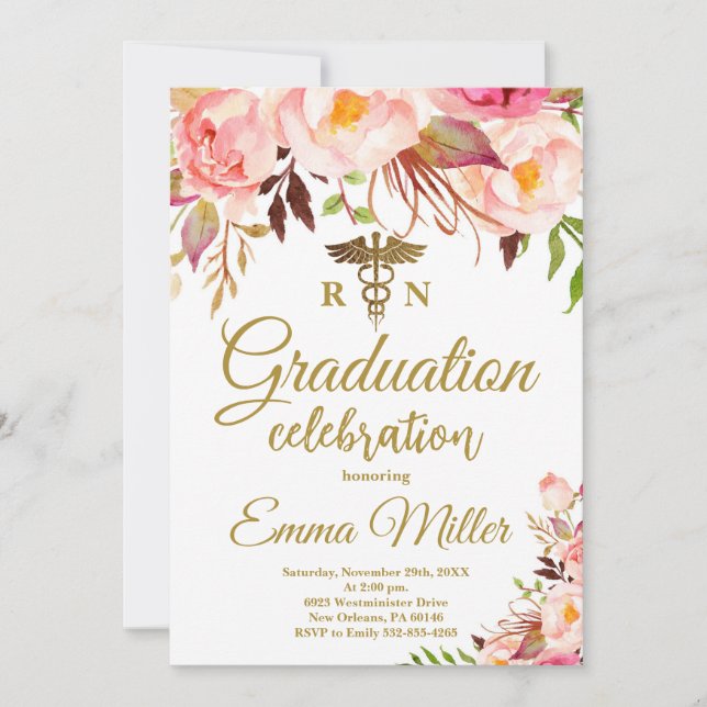 Nursing School Boho Floral and Gold Graduation Invitation (Front)