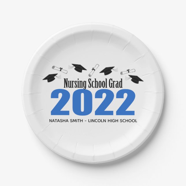 Nursing School Grad Caps & Diplomas (Blue) Paper Plate (Front)