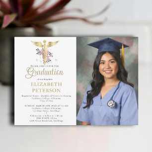 Nursing School Graduation Caduceum Purple Roses Invitation