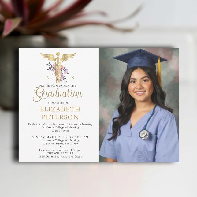 Nursing School Graduation Caduceum Purple Roses Invitation (nursing school graduation gold caduceum purple roses greenery floral contemporary modern photo nurse)