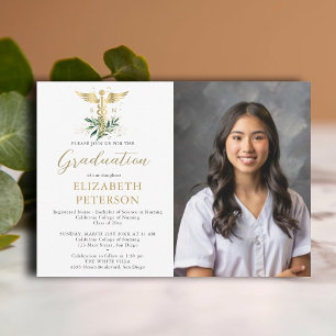 Nursing School Graduation Gold Caduceum Greenery Invitation