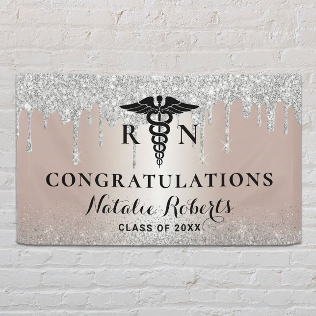 Nursing School Graduation Modern Rose Gold Silver Banner (Creator Uploaded)