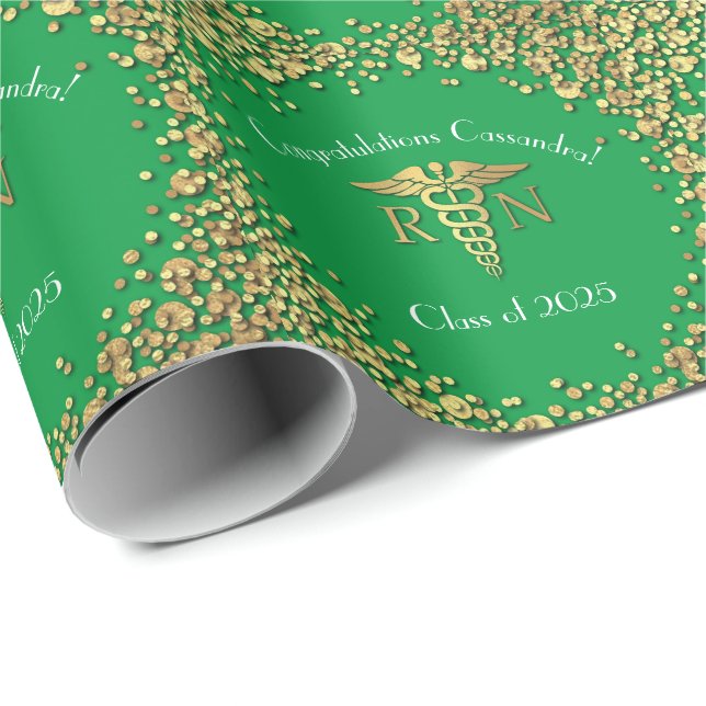 Nursing School Graduation Party Green Gold Wrapping Paper (Roll Corner)