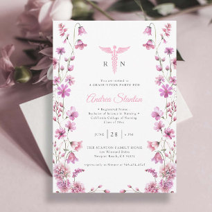 Nursing School Graduation Pink Caduceum Wildflower Invitation