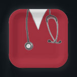 Nursing School Graduation Red Paper Plate<br><div class="desc">Unique medical-themed party plates featuring red nursing scrubs and stethoscope illustration. Add your text to customise.</div>