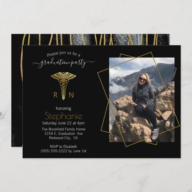 Nursing  School Photo Black Gold Graduation Invitation (Front/Back)