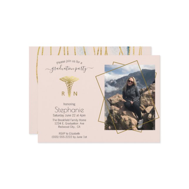 Nursing  School Photo Blush Gold Graduation  Invitation (Front/Back In Situ)