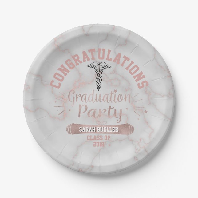 Nursing School Rose Gold Marble Graduation Party Paper Plate (Front)