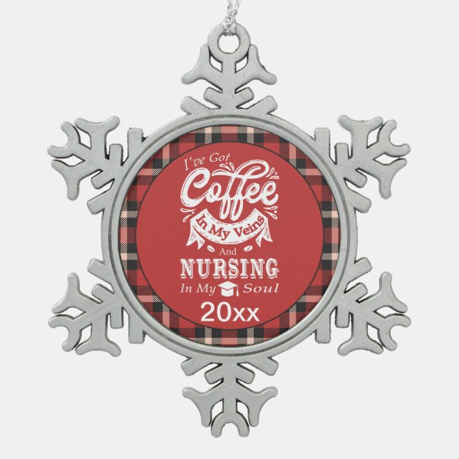Nursing Student Coffee In My Veins Red Plaid Snowflake Pewter Christmas Ornament (Front)