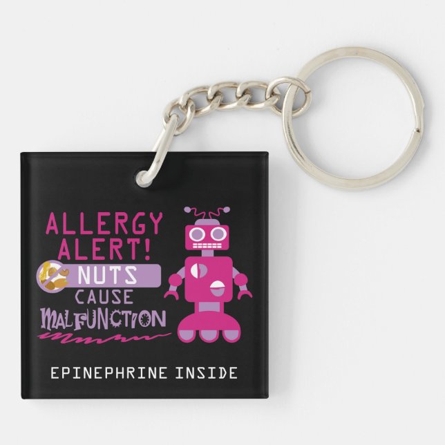 Nut Allergy Kids Pink Robot Girls Personalised Key Ring (Back)