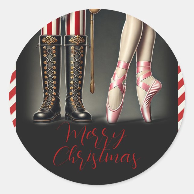 Nutcracker & Ballerina Black Gold Holiday Party Classic Round Sticker (Front)