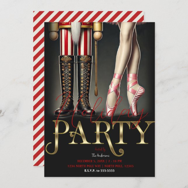 Nutcracker & Ballerina Black Gold Holiday Party Invitation (Front/Back)