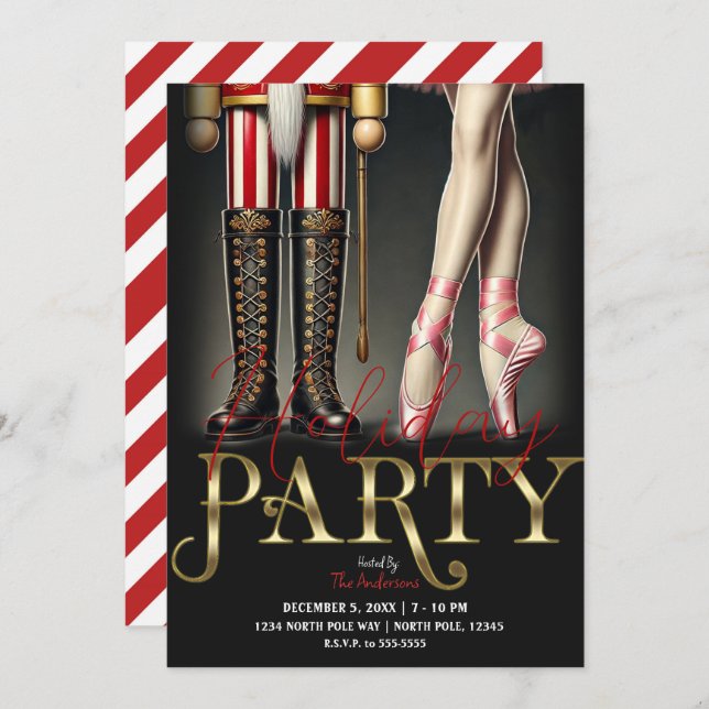Nutcracker & Ballerina Black Gold Holiday Party Invitation (Front/Back)