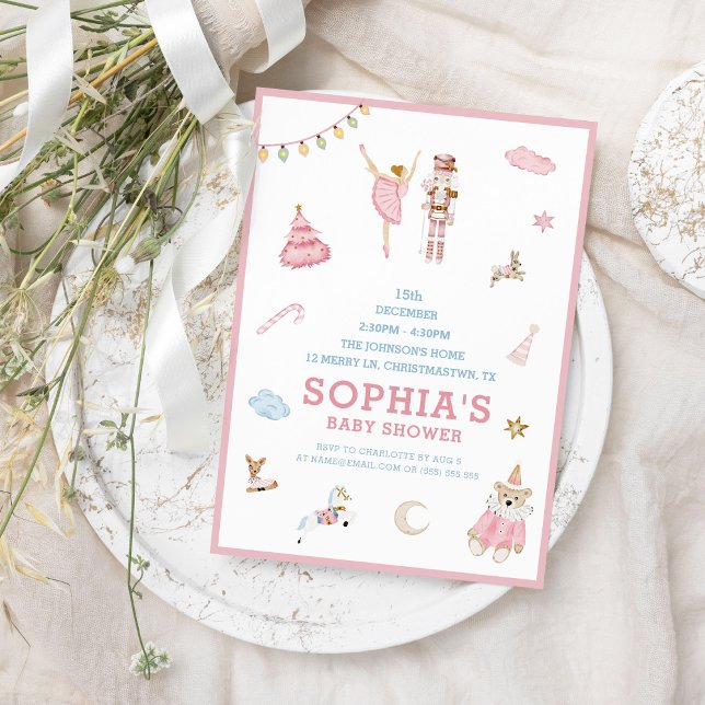 Nutcracker Ballerina Christmas Pink Baby Shower Invitation (Creator Uploaded)