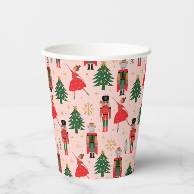 Nutcracker & Ballerina Cute Pink Christmas Paper Cups (Front)