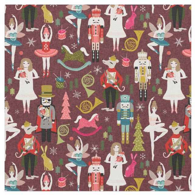 Nutcracker Ballet burgundy Fabric (Close Up)