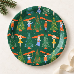 Nutcracker Ballet Christmas Trees on Dark Green Paper Plate