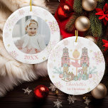 Nutcracker Ballet Pink 1st Christmas Baby Photo Ceramic Ornament<br><div class="desc">Whimsical The Nutcracker Ballet baby 1st Christmas photo tree ornament. Personalise it with your details easily and quickly, simply press the Edit Using Design Tools button to further re-arrange and format the style and placement of the text. Featuring whimsical characters from the Nutcracker in sweet pastel colours. Add your baby's...</div>
