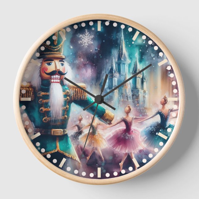 Nutcracker Ballet Watercolor Christmas Ballerina Clock (Front)
