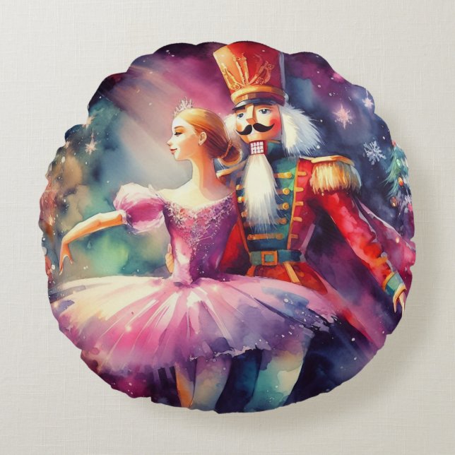 Nutcracker Ballet Watercolor Christmas Ballerina Round Cushion (Front)