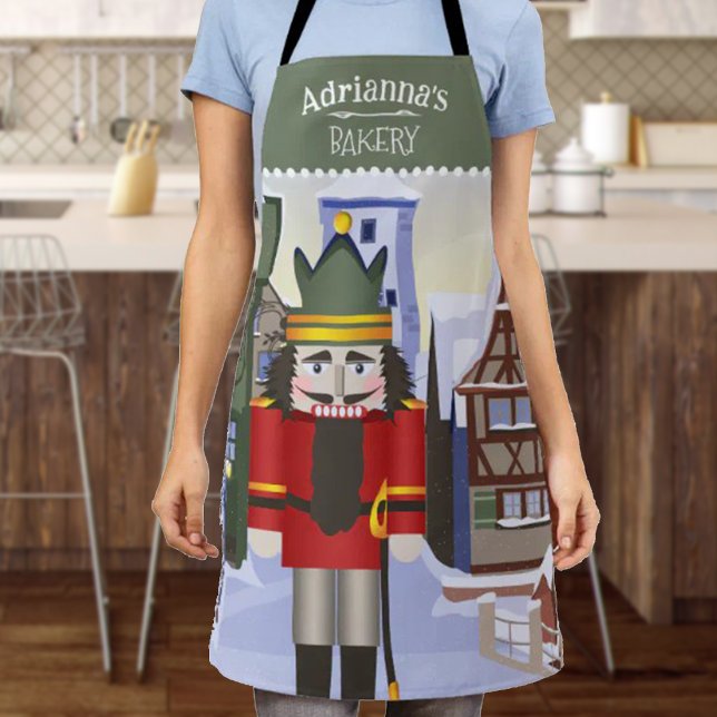 Nutcracker, Bavarian German Personalised Green Apron (Green Christmas apron, personalized bakery gift, kitchen apron with name and red nutcracker)