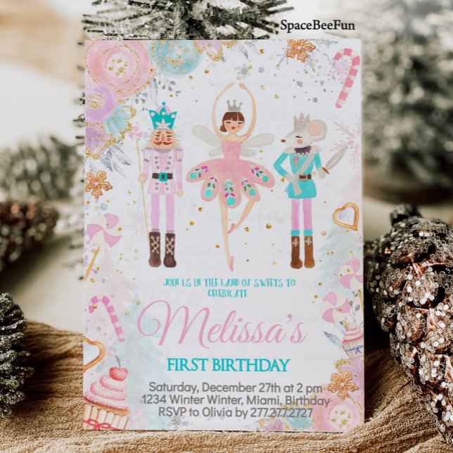 Nutcracker Birthday Invitation Girl Land of Sweets (Nutcracker Birthday Invitation Girl Land of Sweets Invite Winter Sugar Plum Fairy Magical day)