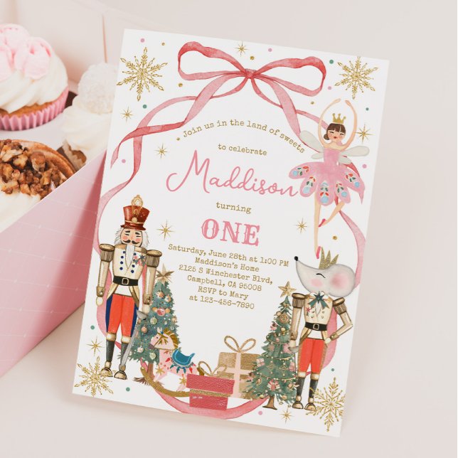 Nutcracker Birthday Land of Sweets Red Bow Invitation (Creator Uploaded)