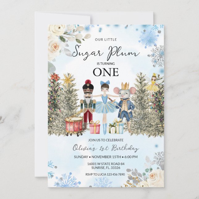  Nutcracker Blue Winter Snowflakes First Birthday  Invitation (Front)