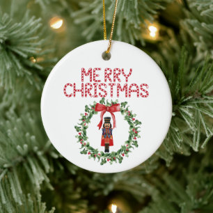 Nutcracker Bow Wreath Red Merry Christmas Holiday Ceramic Ornament