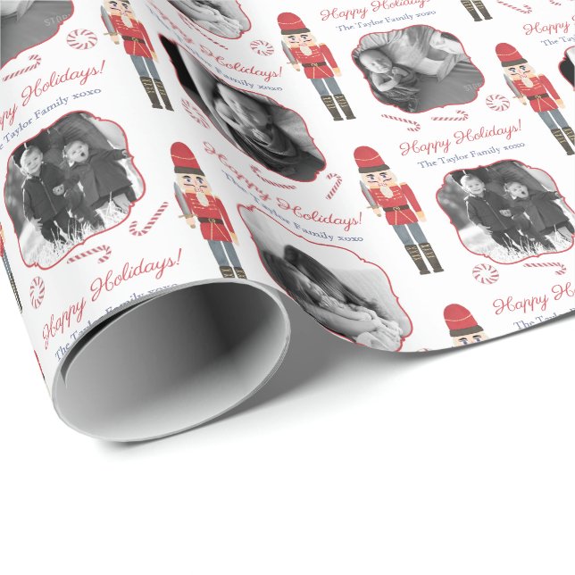 Nutcracker Candy Cane Family Photos Happy Holidays Wrapping Paper (Roll Corner)