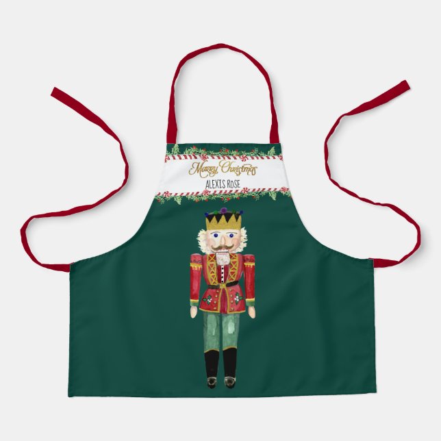 Nutcracker Candy Cane Merry Christmas Holly w Name Apron (Front)