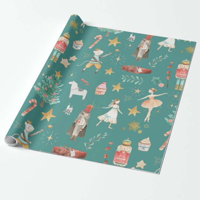 Nutcracker Christmas Holiday Green Wrapping Paper (Unrolled)