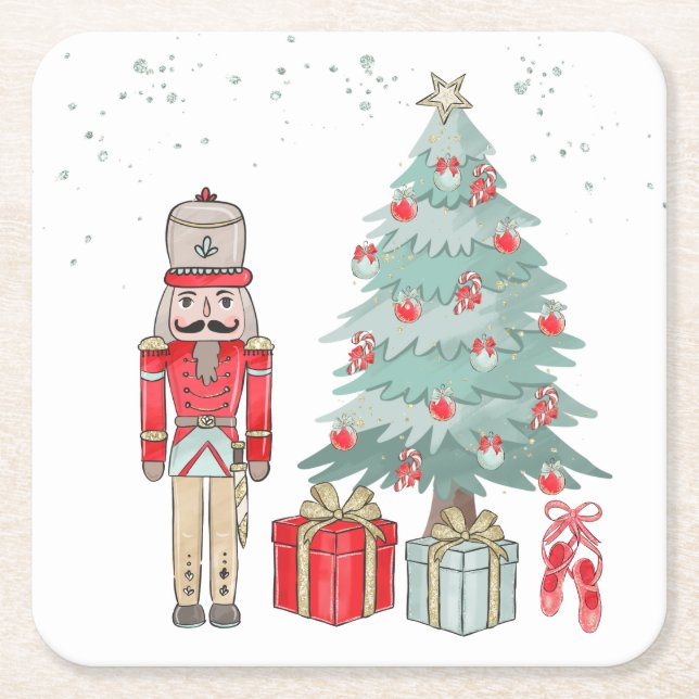 Nutcracker, Christmas tree & presents Square Paper Coaster (Front)