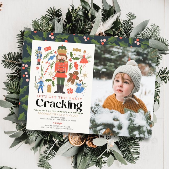 Nutcracker Cracking Holiday Kids Birthday Photo Invitation (Creator Uploaded)