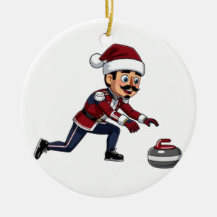 Nutcracker Curling Player Holiday Winter Sports Ceramic Ornament