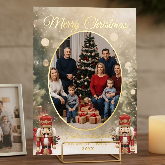 Nutcracker Family Photo Merry Christmas Foil Holiday Card (Luxurious real foil holiday card with space for your photo and name)
