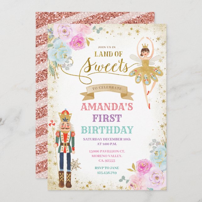 Nutcracker Floral Gold Snowflakes Winter Birthday  Invitation (Front/Back)
