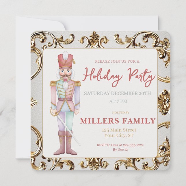 Nutcracker Gold Frame Christmas Holiday Party Card (Front)