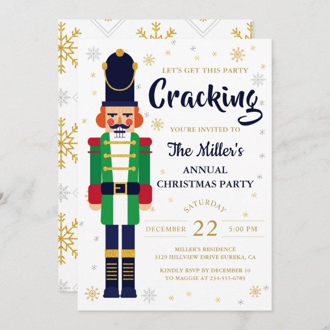 Nutcracker Gold Snowflakes Christmas Party Holiday Invitation (Front/Back)