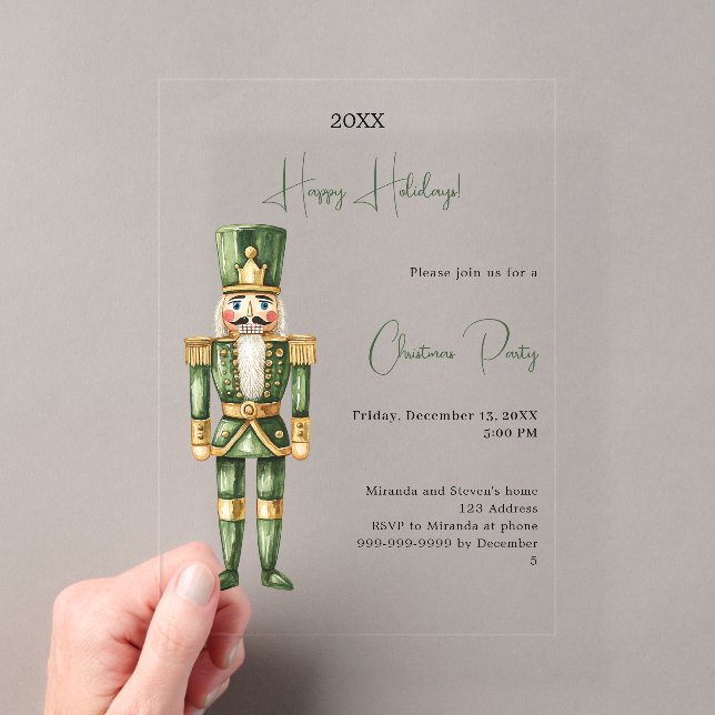 Nutcracker Green Minimalist Luxury Christmas Party Acrylic Invitations (Insitu (Handheld))