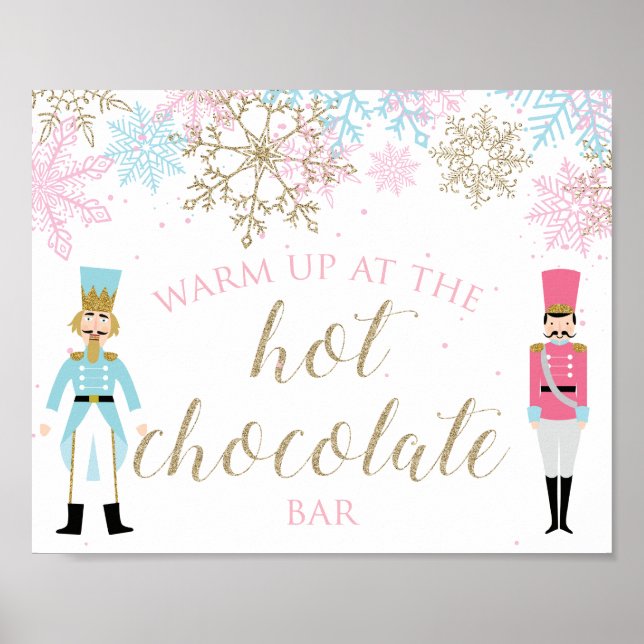 Nutcracker Hot Chocolate Bar Pink Gold Snowflakes  Poster (Front)