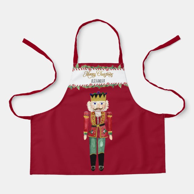Nutcracker Merry Christmas Candy Cane Holly w Name Apron (Front)