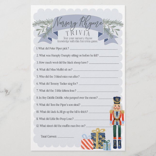 nutcracker nursery rhyme trivia baby shower game (Front)